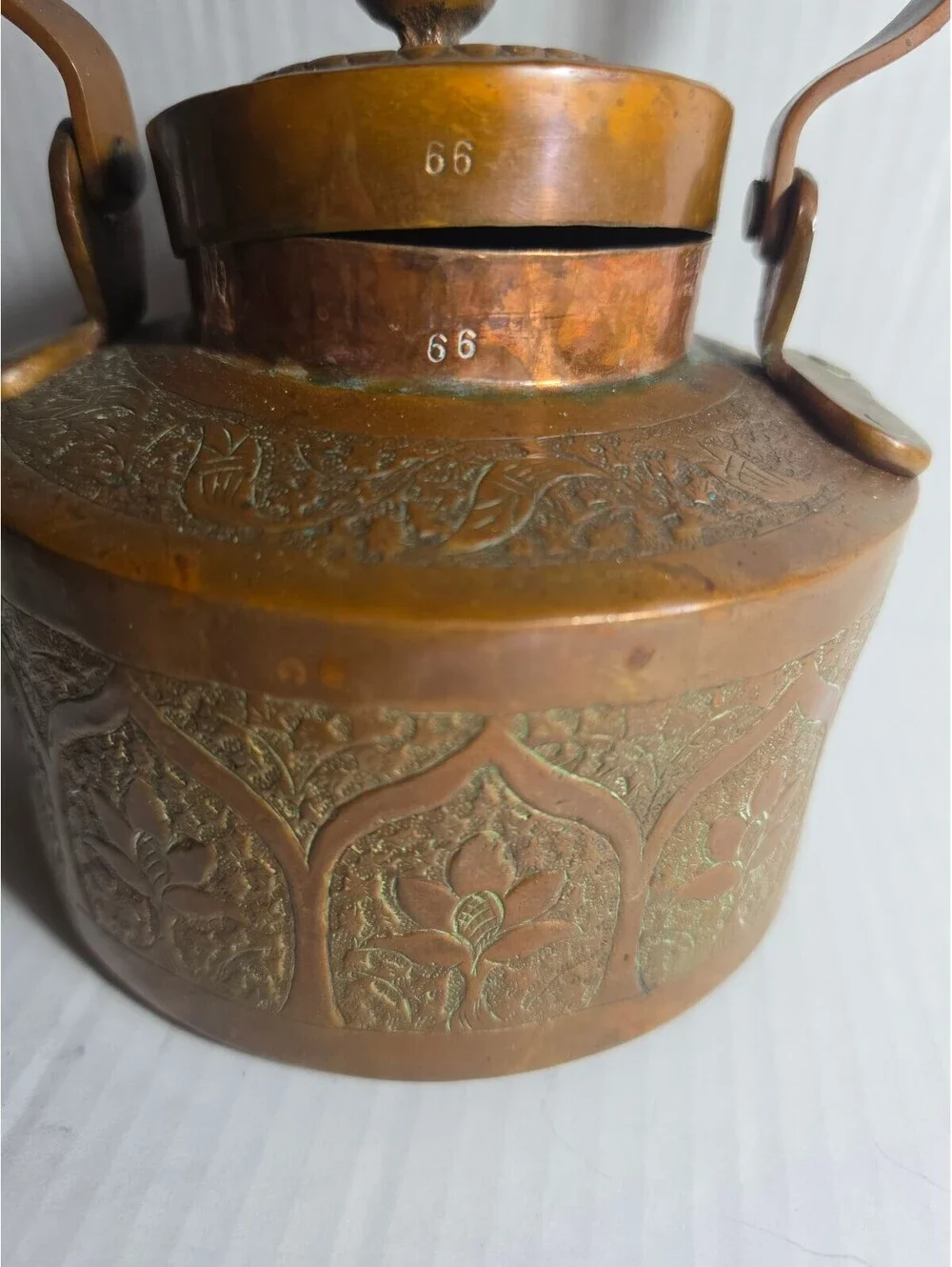 Antique Dovetailed Copper Tea Kettle Hand Engraved Floral Heavy